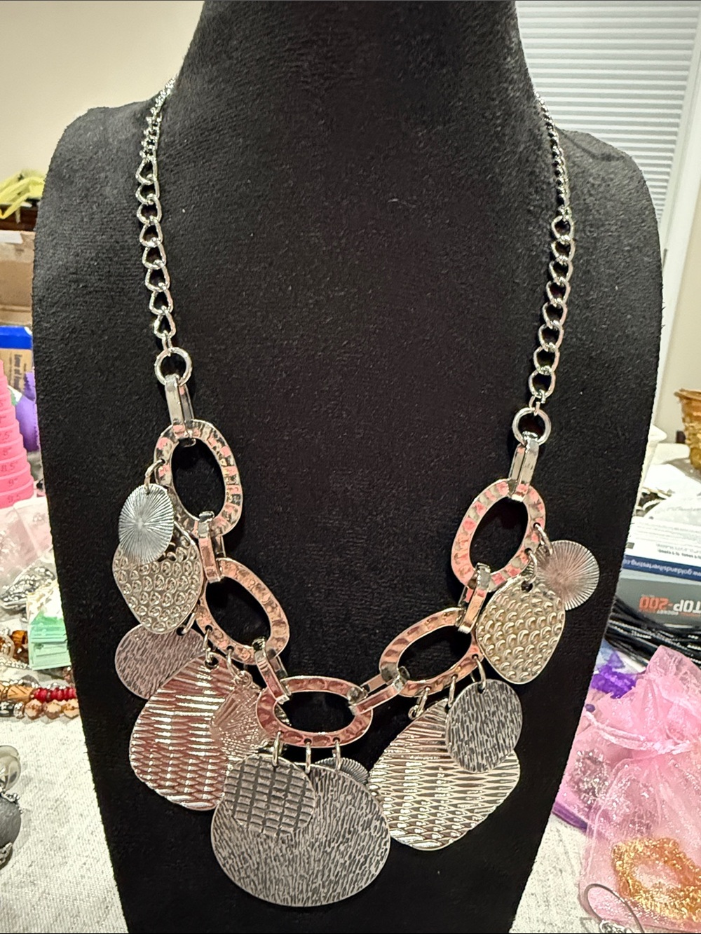 Chico’s silver-tone multi-textured dangling disc oval-link statement necklace